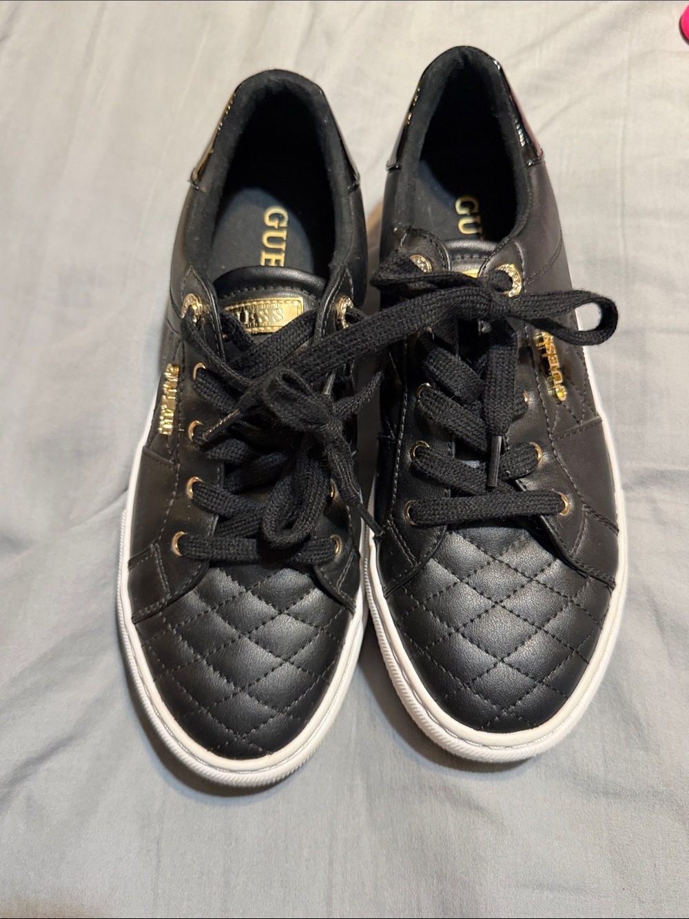 GUESS Black Quilted Sneakers with Gold Accents